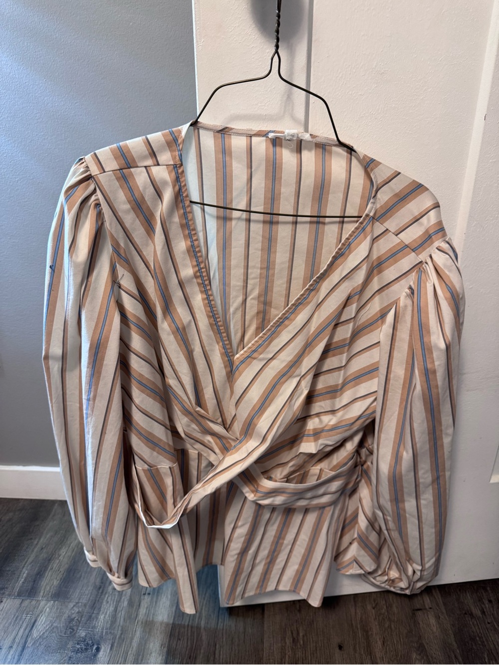 Maurices Striped Wrap Blouse in Cream, Tan & Blue